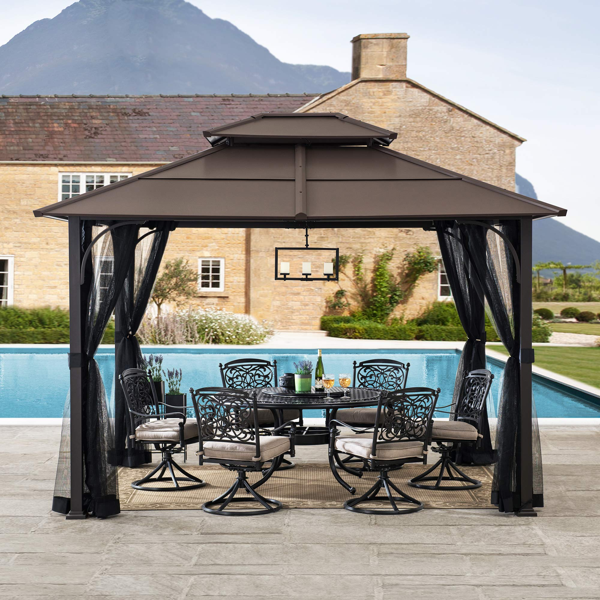 【Gazebo】10x12 Brown Steel Gazebo with 2-Tier Hip Roof Hardtop