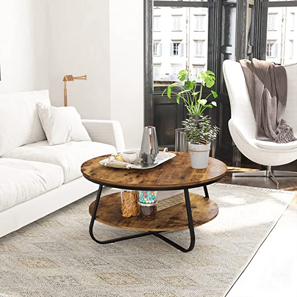 Elephance Round Coffee Table with Storage, 35.8 Inch Rustic Wood Coffee Table with Strong Metal Frame for Living Room, Dining Room, Cocktail Table, Round Sofa Table (Almond)